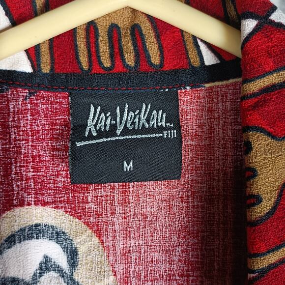 Kai Veikau Shirt Men Size M Red Tribal Print Button Front Fiji - Picture 2 of 13